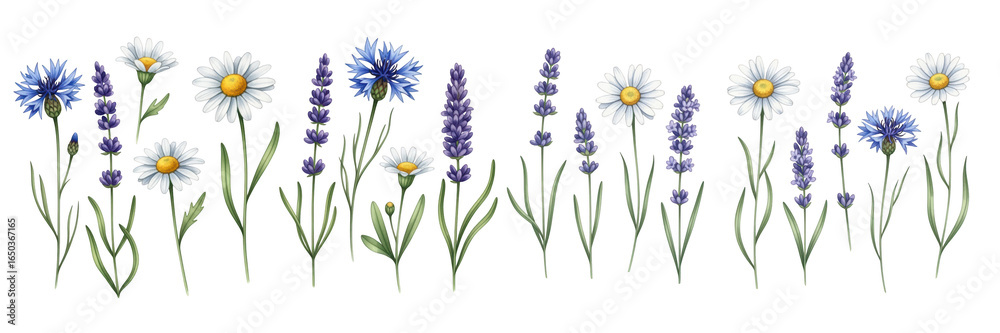 Fototapeta premium A vibrant array of wildflowers featuring daisies, lavender, and bluebells in full bloom.