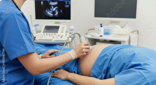 Medical professional performing pregnancy ultrasound on expectant mother