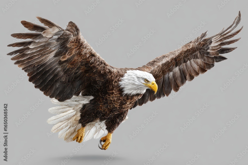 Fototapeta premium Bald eagle swoops in for a dynamic hunting attack against its target in a dramatic hand-drawn and painted representation