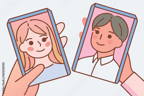 Hand drawn set of Two people holding smartphones showing their portraits in a video call communication connection