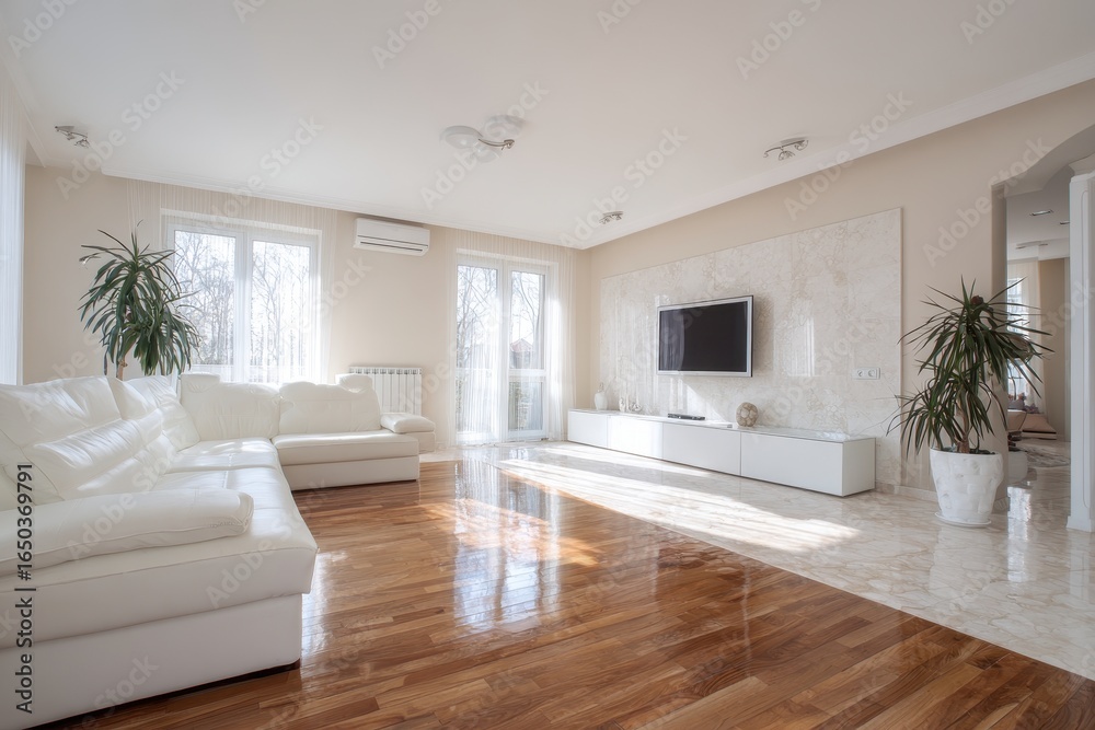 Fototapeta premium Spacious living room featuring a white sofa and modern TV unit with large windows and wooden flooring