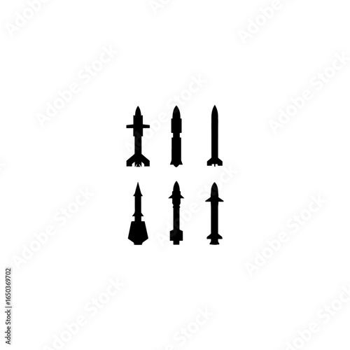 Silhouettes of ballistic missiles and rockets of various designs and sizes, displayed vertically isolated on transparent background.