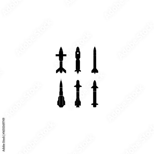 Silhouettes of ballistic missiles and rockets of various designs and sizes, displayed vertically isolated on transparent background.