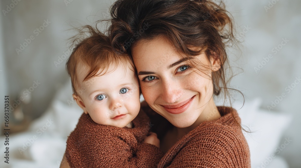 Obraz premium family child and parenthood concept happy smiling young mother with little baby at home no logos no brands ar 169