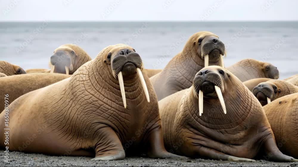Group Of Walruses With Large Tusks Resting Together On Rocky Shore Near Group Of Walruses With Large Tusks Resting Together On Rocky Shore Near