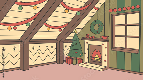 Attic christmas scene with tree gifts fireplace wreath garland and window with light coming through