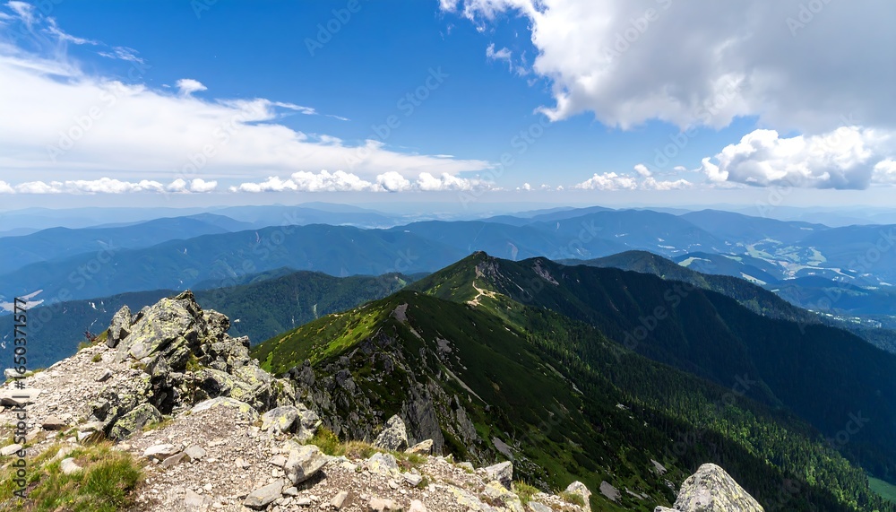 Fototapeta premium Panoramic mountain vista; rocky foreground, layered ridges, blue sky, fluffy clouds
