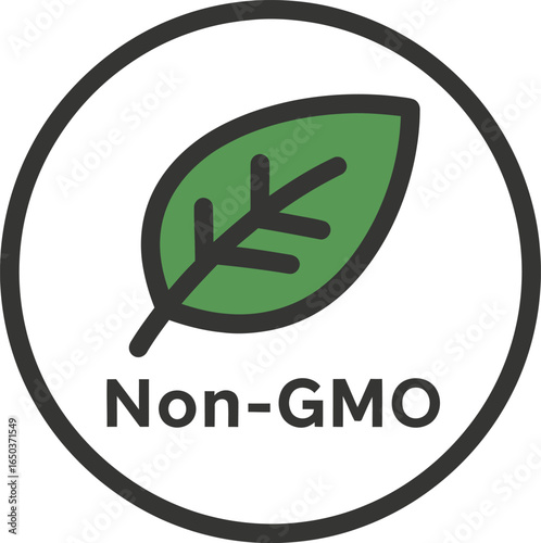 A circular Non-GMO label with a green leaf symbol, indicating a product is free from genetically modified organisms.