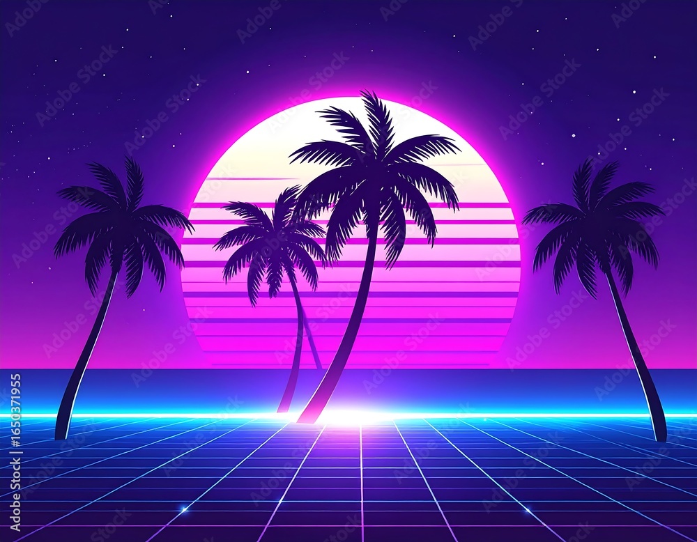 Fototapeta premium Retro sunset scene with palm trees and a gridded, glowing horizon