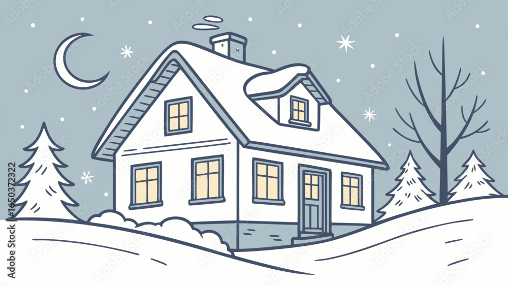 Fototapeta premium Illustration of a snow covered house at night with a crescent moon and christmas trees around it
