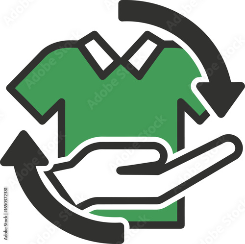 A vector icon of a hand and a green shirt surrounded by circular arrows, symbolizing clothing recycling and donation.