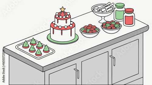 Festive treats displayed on a kitchen counter featuring cake cookies and candies in bowls and jars