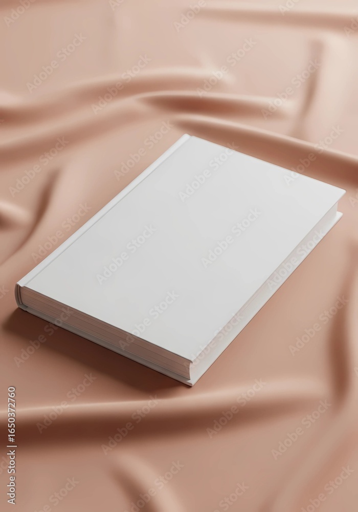 Fototapeta premium A closed white book rests on a smooth peach colored fabric surface