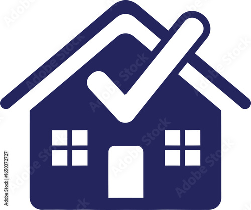 A simple blue house icon with a large white checkmark, symbolizing home approval, inspection, or security.