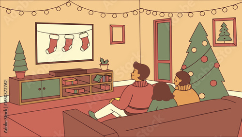 Family watching christmas stockings on tv with christmas tree and lights in living room setting indoors