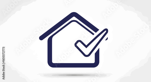 A simple blue icon of a house with a checkmark inside, symbolizing approval, safety, or completion.