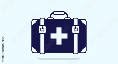 A dark blue first aid kit with a white cross symbol, representing medical assistance and emergency care.
