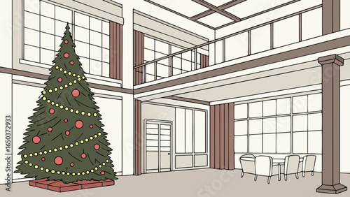 Christmas tree in a modern living room with large windows and dining area on the right side view image