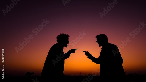 Silhouette of two men arguing and pointing fingers at each other during dramatic sunset sky, conflict and disagreement concept, heated conversation in evening light