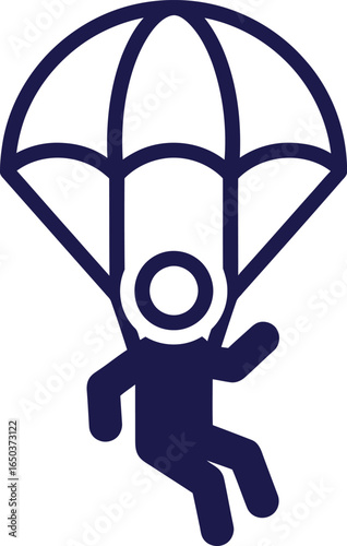 A dark blue pictogram of a skydiver descending with an open parachute.