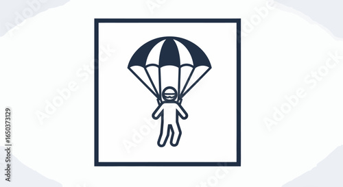 A simple black and white line icon of a skydiver descending with an open parachute, enclosed within a square frame.