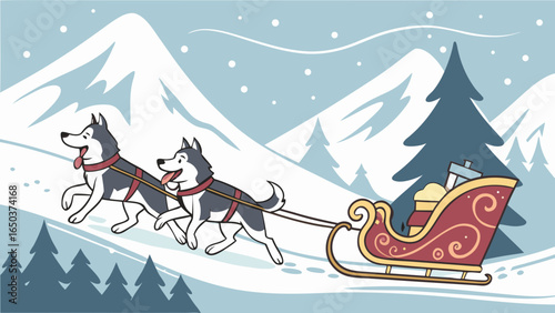 Two huskies pulling a decorated sleigh through a snowy winter landscape with mountains and trees