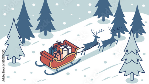 A christmas scene with reindeers pulling a sleigh full of gifts through a snowy forest landscape