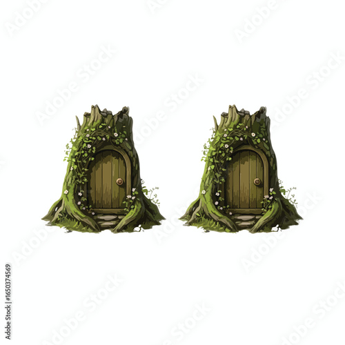 Two whimsical wooden doors nestled within overgrown tree stumps, evoking a sense of hidden, enchanted places.