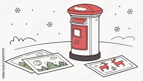 Illustration of a red mailbox with christmas cards and snowflakes in a snowy winter scene view