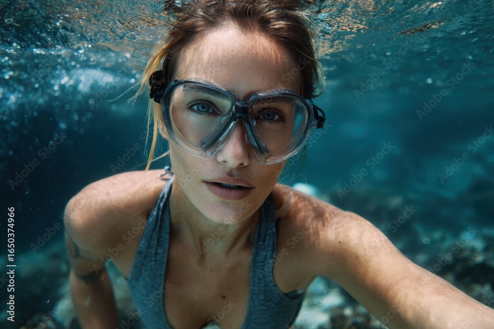 Naklejka premium Young woman exploring underwater life while snorkeling in clear ocean waters during a bright day in a tropical locale
