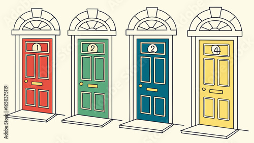 Four colorful doors with numbers one two and four in a row in a cartoon style illustration