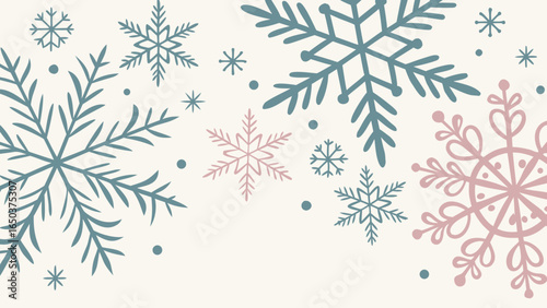 Snowflakes of various sizes and colors scattered on a light background creating a wintery scene design
