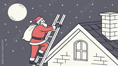 Santa claus climbing a ladder to a rooftop with a sack in the night sky with a full moon shining