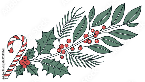 A christmas themed arrangement featuring a candy cane holly berries and various types of foliage and leaves