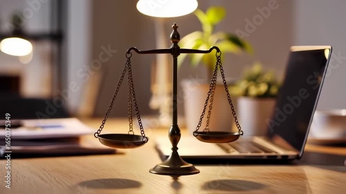 Warmly Lit Golden Scales of Justice on a Professional Office Desk, Symbolizing Law, Balance, and Ethical Decision-Making