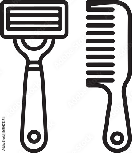 Simple line art icon of a razor and comb for grooming and shaving