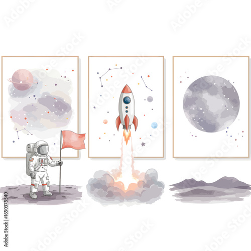 Delightful watercolor space art astronaut, rocket launch, and celestial planets.