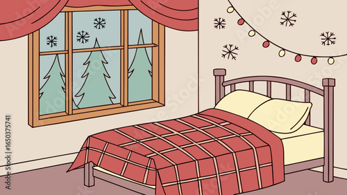 Bedroom scene with christmas lights, snowflakes, trees, bed and a red plaid blanket visible in the room