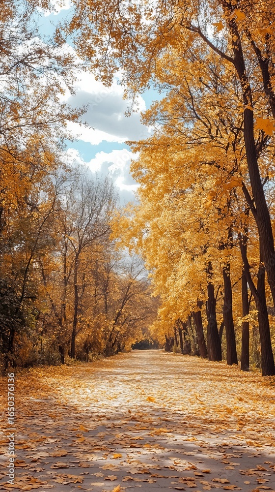 Obraz premium Golden autumnal path lined with vibrant trees
