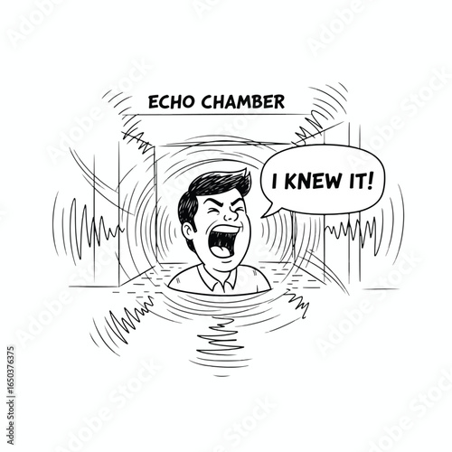 A man inside an echo chamber shouting "I knew it!" with sound waves.