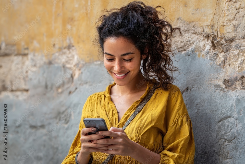 Fototapeta premium Cheerful Latin woman smiles while using her smartphone outdoors against a weathered wall during a sunny afternoon