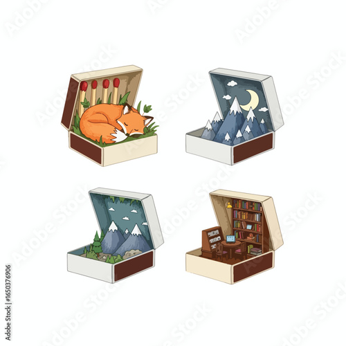 Four matchboxes containing miniature scenes: a sleeping fox, a mountain landscape, a rocky scene, and a cozy library.