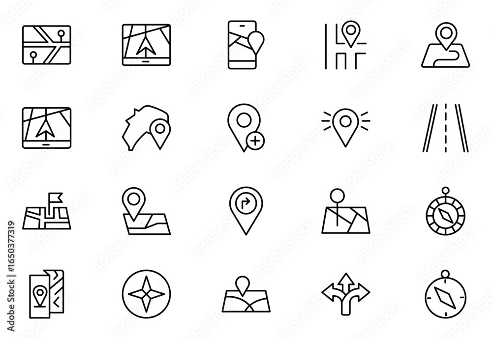 Fototapeta premium Map outline icon set. Containing location, GPS, navigation, city map, atlas, route, direction, pin and more. Vector illustration. editable stroke