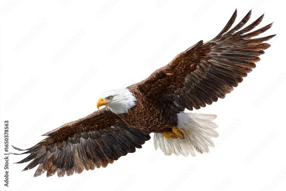 Obraz premium Bald eagle in mid-flight showcasing its powerful wings and sharp beak against a clear sky
