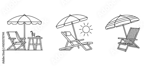 Beach chairs umbrellas sun drink table vector