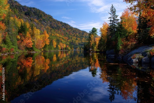 Lake surrounded by vibrant autumn foliage reflecting in calm waters under a clear blue sky during a sunny day in fall season