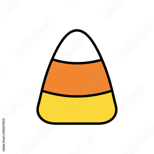 A colorful, cartoonish candy corn illustration featuring layers of orange, yellow, and white.