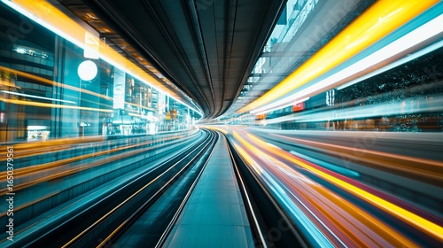 Urban tunnel with blurred light trails of moving trains