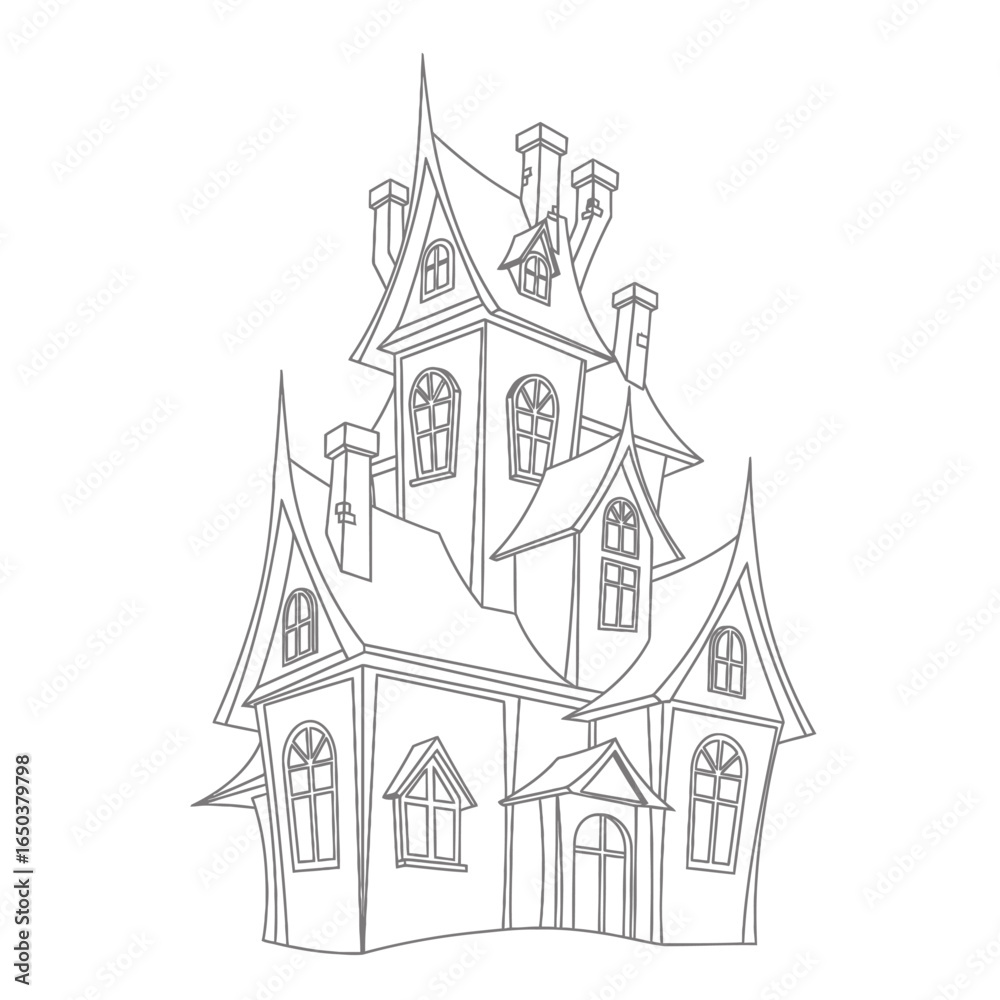 Line art illustration of a whimsical, multi-story house with pointed roofs, chimneys, and arched windows. Line art illustration of a whimsical, multi-story house with pointed roofs, chimneys, and arched windows.
