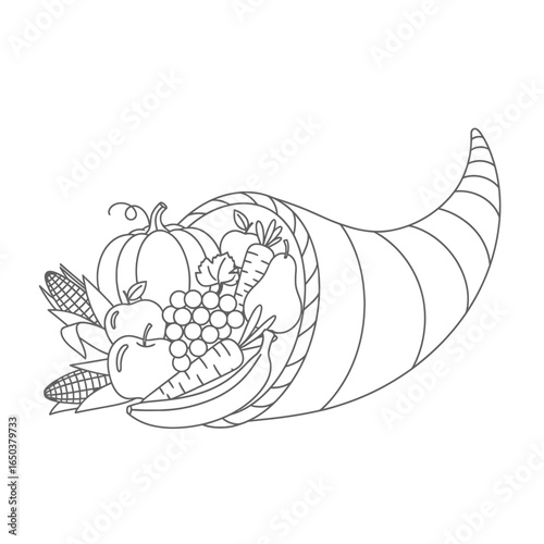 Abundant harvest overflowing from a cornucopia, filled with fruits and vegetables.